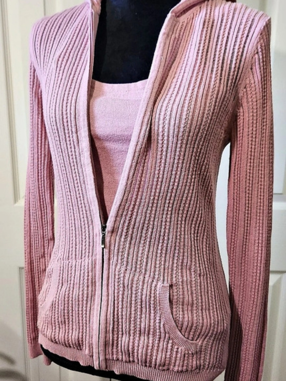 Sonoma Hooded Layered Knit Cardigan in Pink Size Medium